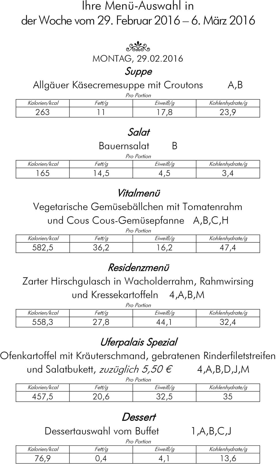Tomatenrahm und Cous Cous-Gemüsepfanne A,B,C,H 582,5 36,2 16,2 47,4 Zarter Hirschgulasch in Wacholderrahm, Rahmwirsing und Kressekartoffeln