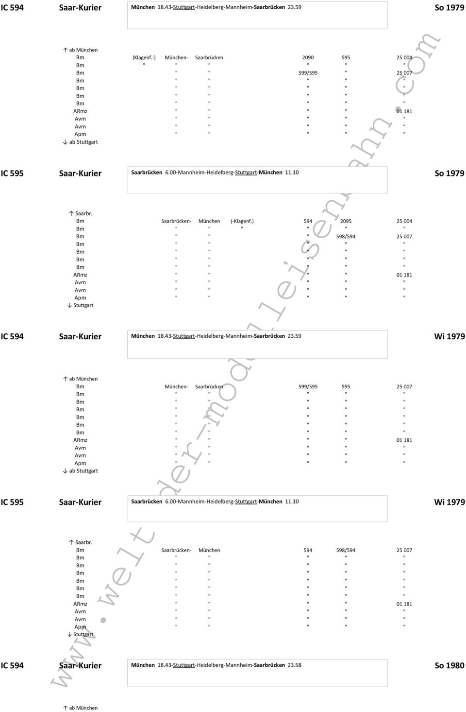 10 So 1979 Bm Saarbrücken- München (-Klagenf.) 594 2095 25 004 " Bm " " " 598/594 25 007 ARmz " " " " 01 181 IC 594 Saar-Kurier München 18.