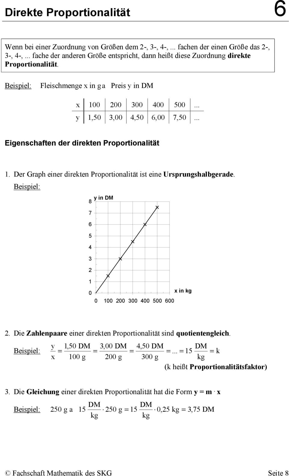 .. Eigenschaften der direkten Proportionalität. Der Graph einer direkten Proportionalität ist eine Ursprungshalbgerade. y in DM 0 x in kg 0 00 00 00 00 00 00.