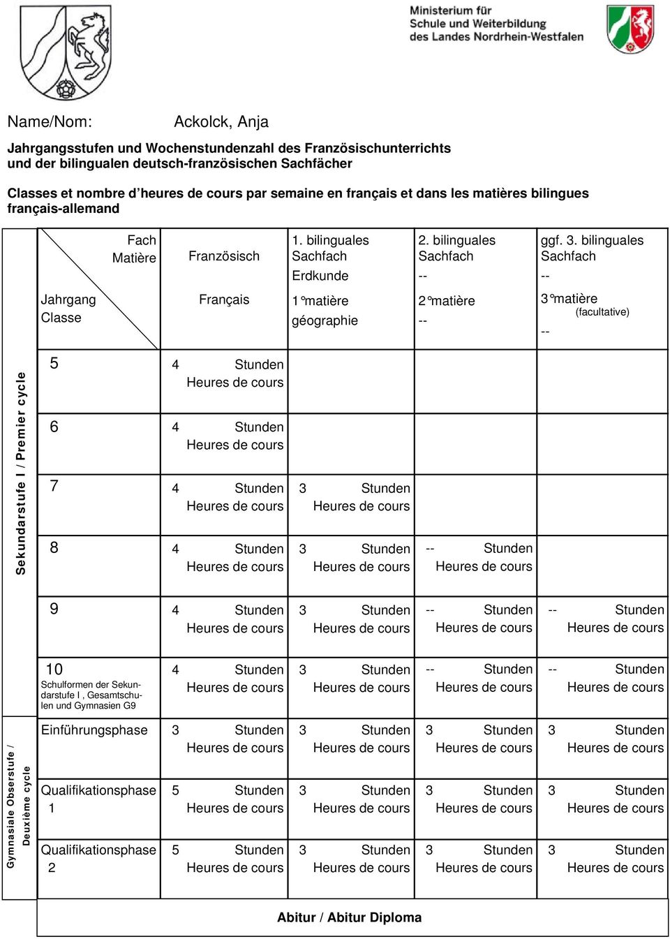 bilinguales Jahrgang Classe Français 1 matière géographie 2 matière 3 matière (facultative) Sekundarstufe I / Premier cycle 5 4 6 4 7 4 8 4 9 4 10 Schulformen der