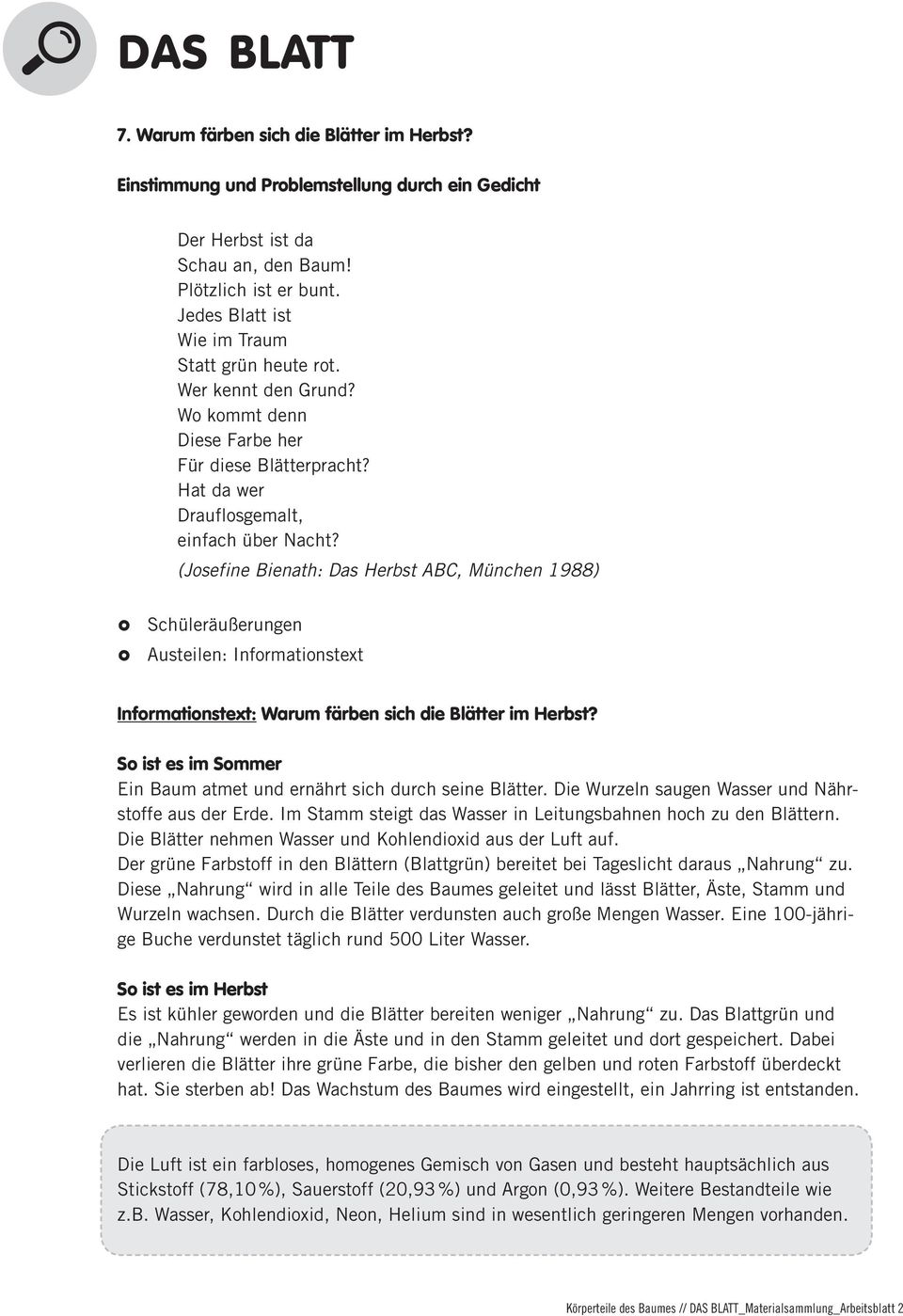 (Josefine Bienath: Das Herbst ABC, München 1988) Schüleräußerungen Austeilen: Informationstext Informationstext: Warum färben sich die Blätter im Herbst?