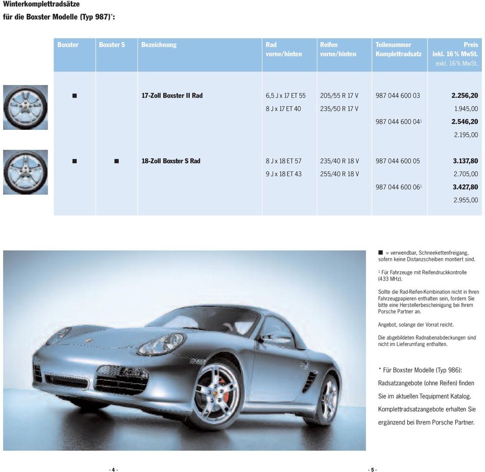 195,00 18-Zoll Boxster S Rad 8 J x 18 ET 57 235/40 R 18 V 987 044 600 05 3.137,80 9 J x 18 ET 43 255/40 R 18 V 2.705,00 987 044 600 06 1 3.427,80 2.