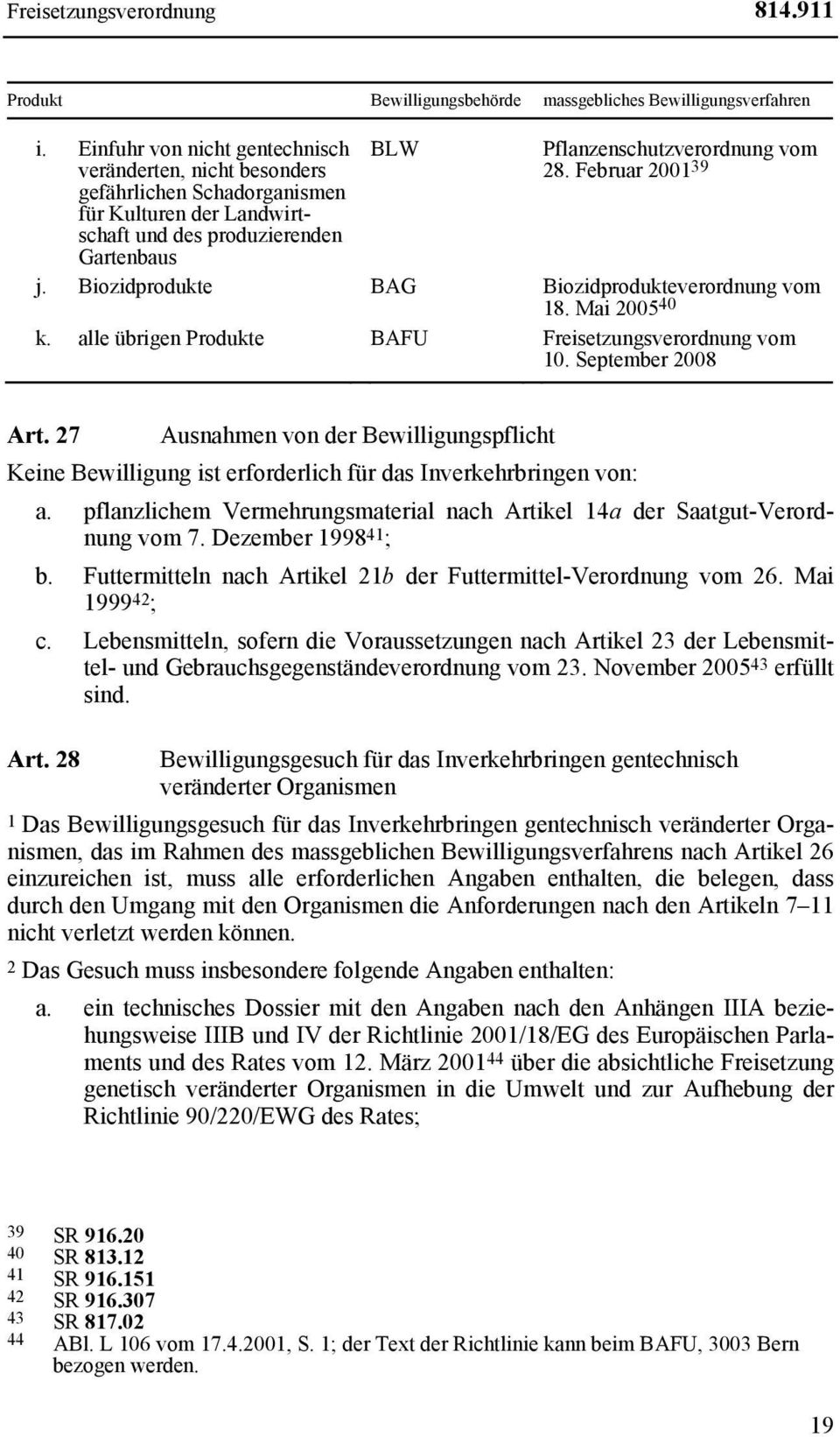 Februar 2001 39 j. Biozidprodukte BAG Biozidprodukteverordnung vom 18. Mai 2005 40 k. alle übrigen Produkte BAFU Freisetzungsverordnung vom 10. September 2008 Art.