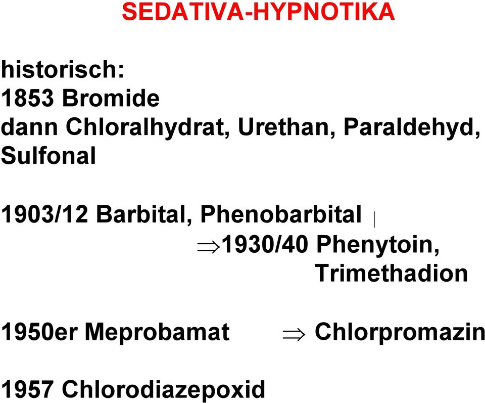 Barbital, Phenobarbital 1930/40 Phenytoin,