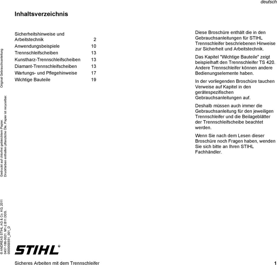Stihl TS400 Trennschleifgerät Betriebsanleitung Bedienungsanleitung 2000 
