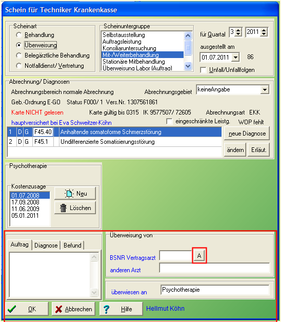 2 Hier muss nun bei links oben im Kästchen Scheinart unterschieden werden zwischen Behandlung oder Überweisung (s. Abb.