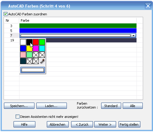 F+R V 5.x -> FFR V 6.x Seite 4 von 5 3. Dialog Layer Welche Layer sollen eingelesen werden, optional können leere Layer automatisch weggelassen werden. 4. Dialog Farben Es wird eine Liste aller in der Datei enthaltenen Farben und deren Nummer gezeigt.