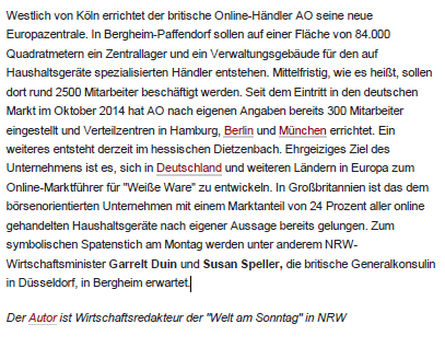 Welt am Sonntag NRW (Newspaper) // Circulation: 253.000 Datum: 6.