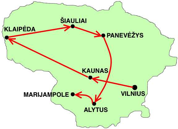 13. Städte (Stufen 5/6) Auf der Landkarte (links) ist eine Reise durch die wichtigsten Städte von Litauen eingetragen. Die Reise beginnt in der Stadt mit den meisten (542 932) Einwohnern: Vilnius.