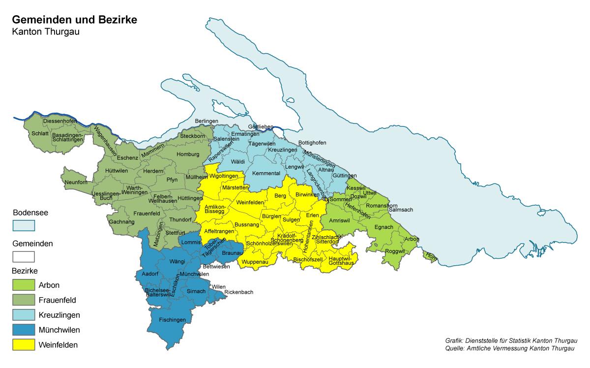 Geographische Abgrenzung Die Karte zeigt die Grenzen des Kantons Thurgau und des Bezirks Kreuzlingen. Der Kanton Thurgau umfasst die Bezirke Arbon, Frauenfeld, Kreuzlingen, Münchwilen und Weinfelden.