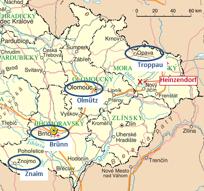 Karten in deutscher und tschechischer Sprache von Mähren mit Stationen im Leben s. In der Karte auf Seite 2 sind grau die ehemals deutschsprachigen Gebiete markiert.