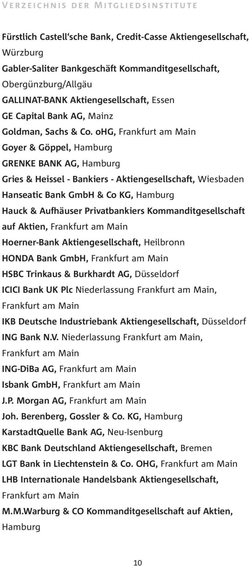 ohg, Goyer & Göppel, Hamburg GRENKE BANK AG, Hamburg Gries & Heissel - Bankiers - Aktiengesellschaft, Wiesbaden Hanseatic Bank GmbH & Co KG, Hamburg Hauck & Aufhäuser Privatbankiers