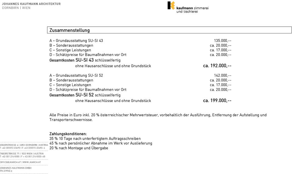 199.000,-- Alle Preise in Euro inkl. 20 % österreichischer Mehrwertsteuer, vorbehaltlich der Ausführung, Entfernung der Aufstellung und Transporterschwernisse.