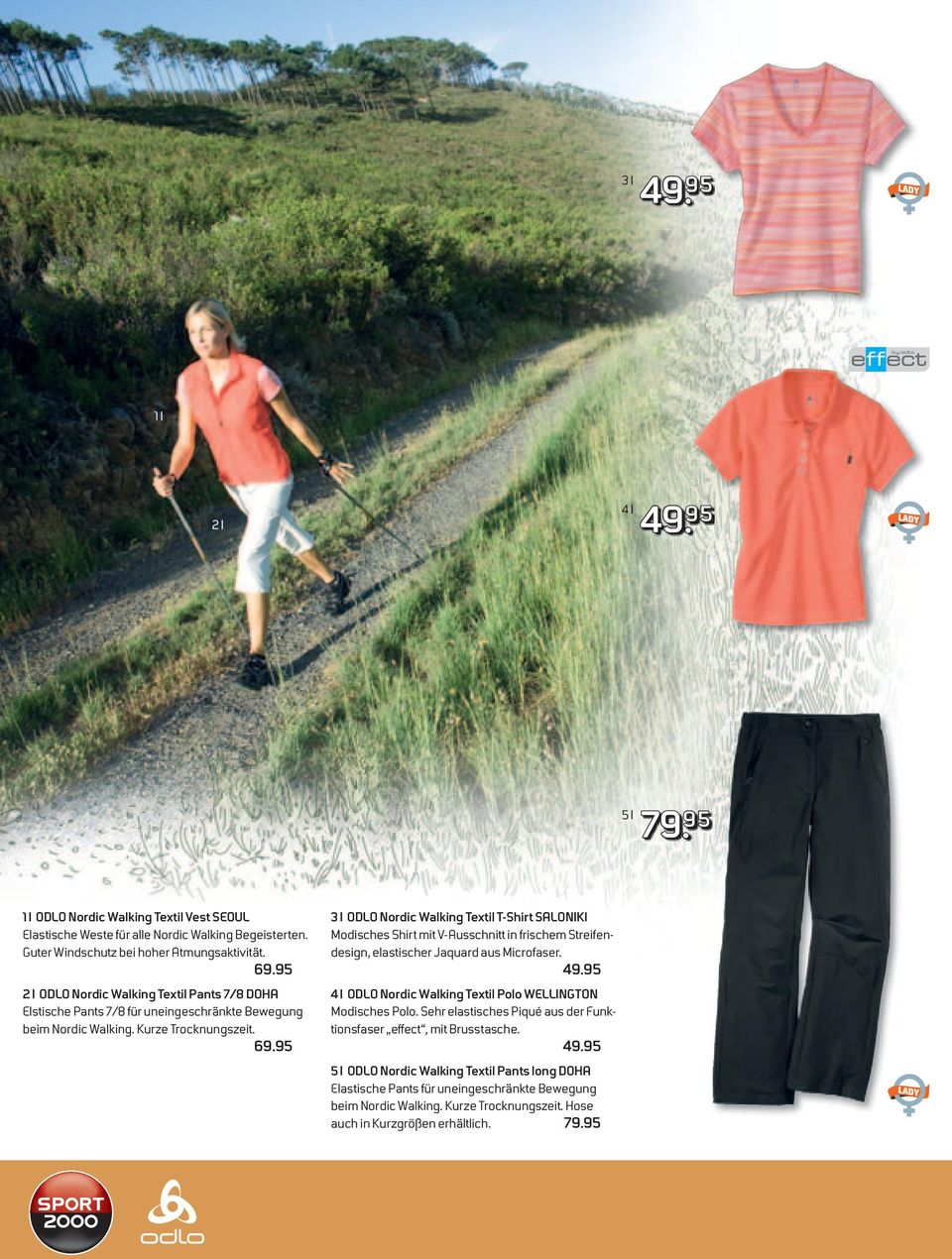 95 3 I ODLO Nordic Walking Textil T-Shirt SALONIKI Modisches Shirt mit V-Ausschnitt in frischem Streifendesign, elastischer Jaquard aus Microfaser. 49.