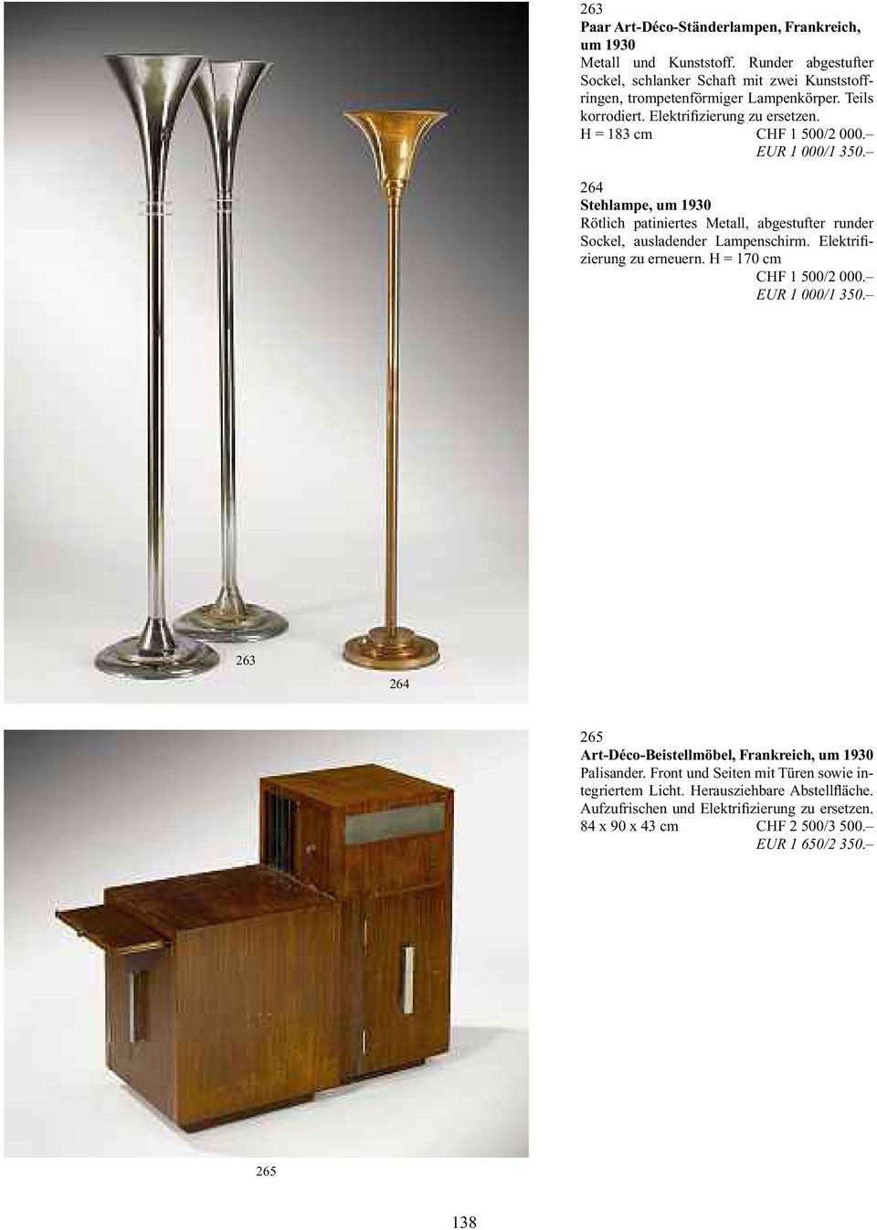H = 183 cm CHF 1 500/2 000. EUR 1 000/1 350. 264 Stehlampe, um 1930 Rötlich patiniertes Metall, abgestufter runder Sockel, ausladender Lampenschirm.