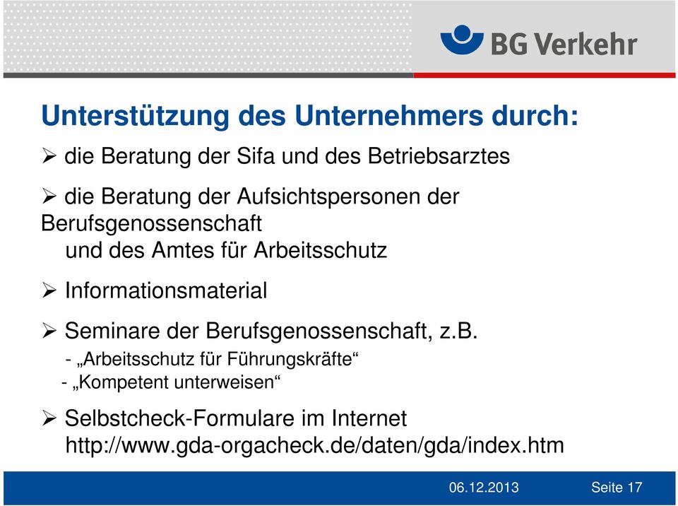 Informationsmaterial Seminare der Berufsgenossenschaft, z.b.