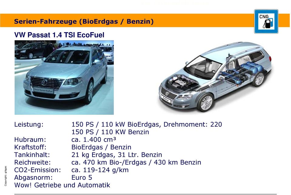 Benzin Hubraum: ca. 1.400 cm³ Kraftstoff: BioErdgas / Benzin Tankinhalt: 21 kg Erdgas, 31 Ltr.