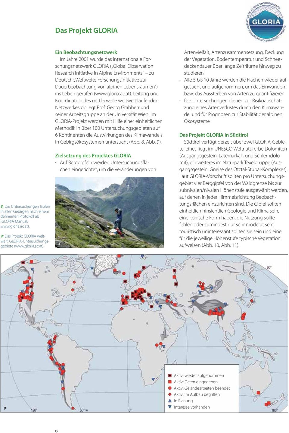 Ein Beobachtungsnetzwerk Im Jahre 2001 wurde das internationale Forschungsnetzwerk GLORIA ( Global Observation Research Initiative in Alpine Environments zu Deutsch: Weltweite Forschungsinitiative