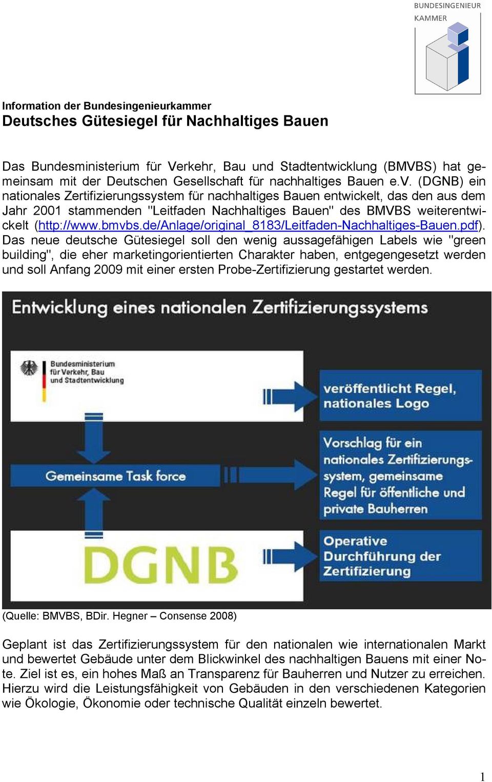 (DGNB) ein nationales Zertifizierungssystem für nachhaltiges Bauen entwickelt, das den aus dem Jahr 2001 stammenden "Leitfaden Nachhaltiges Bauen" des BMVBS weiterentwickelt (http://www.bmvbs.