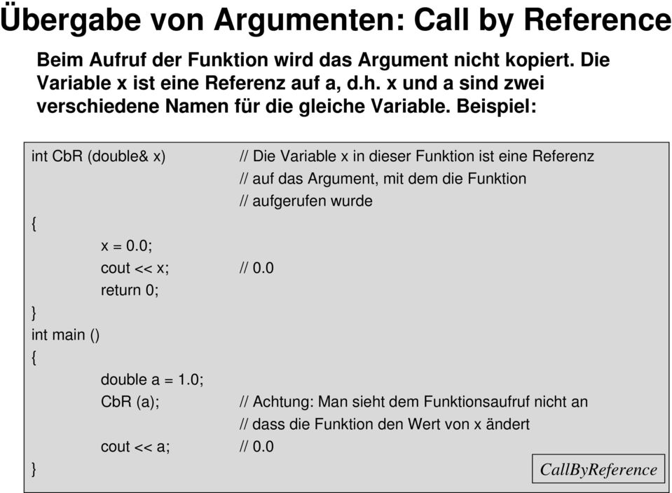 Beispiel: int CbR (double& x) // Die Variable x in dieser Funktion ist eine Referenz // auf das Argument, mit dem die Funktion //