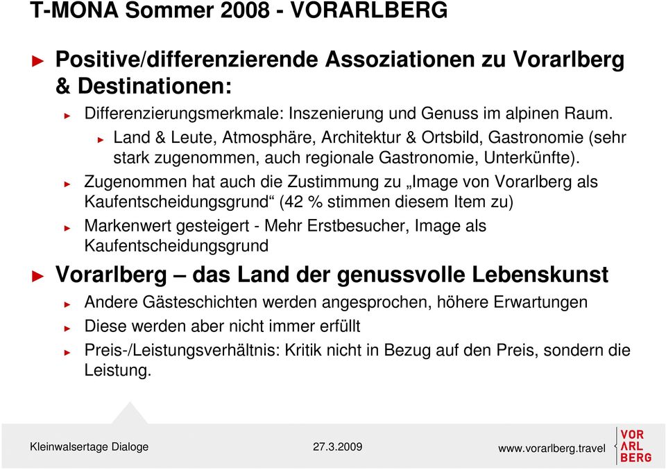 Zugenommen hat auch die Zustimmung zu Image von Vorarlberg als Kaufentscheidungsgrund (42 % stimmen diesem Item zu) Markenwert gesteigert - Mehr Erstbesucher, Image als