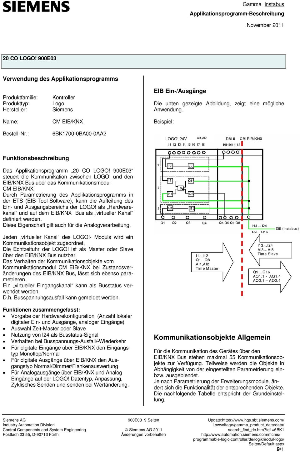 und den EIB/KNX Bus über das Kommunikationsmodul CM EIB/KNX. Durch Parametrierung des Applikationsprogramms in der ETS (Tool-Software), kann die Aufteilung des Ein- und Ausgangsbereichs der LOGO!