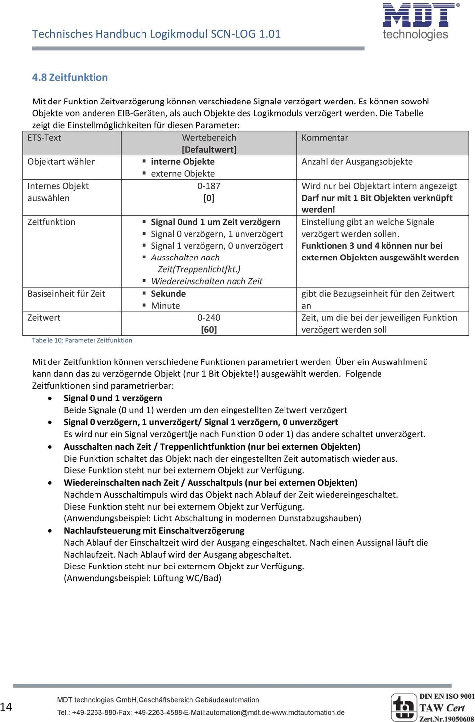 Objekt auswählen 0 187 [0] Zeitfunktion Signal 0und 1 um Zeit verzögern Signal 0 verzögern, 1 unverzögert Signal 1 verzögern, 0 unverzögert Ausschalten nach Zeit(Treppenlichtfkt.