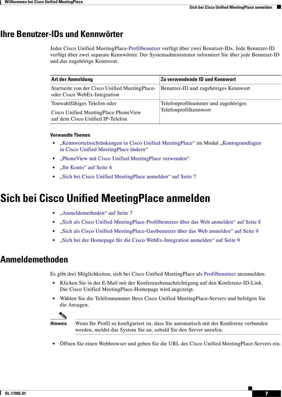 Art der Anmeldung Startseite von der Cisco Unified MeetingPlaceoder Cisco WebEx-Integration Tonwahlfähiges Telefon oder Cisco Unified MeetingPlace PhoneView auf dem Cisco Unified IP-Telefon Zu
