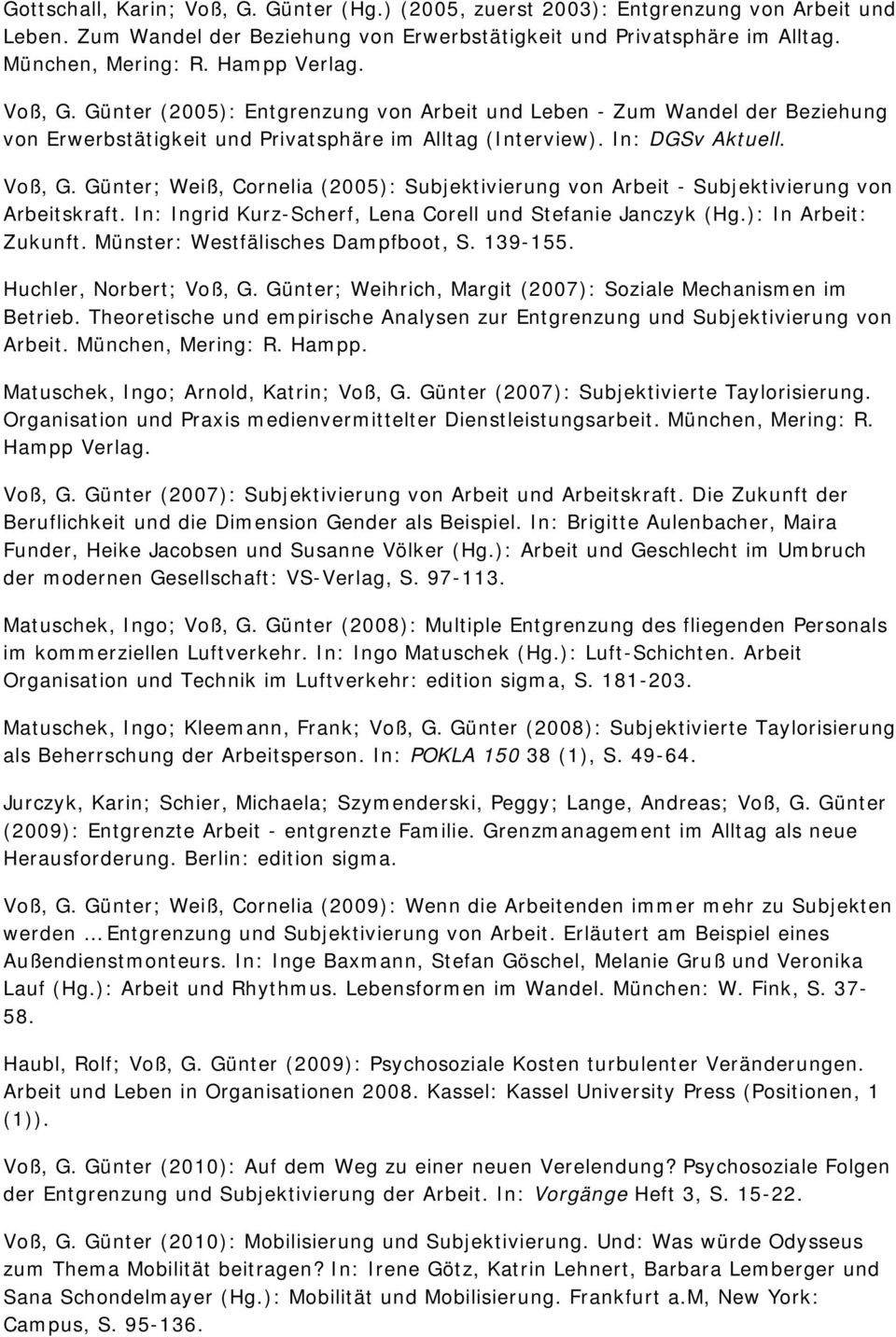 In: Ingrid Kurz-Scherf, Lena Corell und Stefanie Janczyk (Hg.): In Arbeit: Zukunft. Münster: Westfälisches Dampfboot, S. 139-155. Huchler, Norbert; Voß, G.