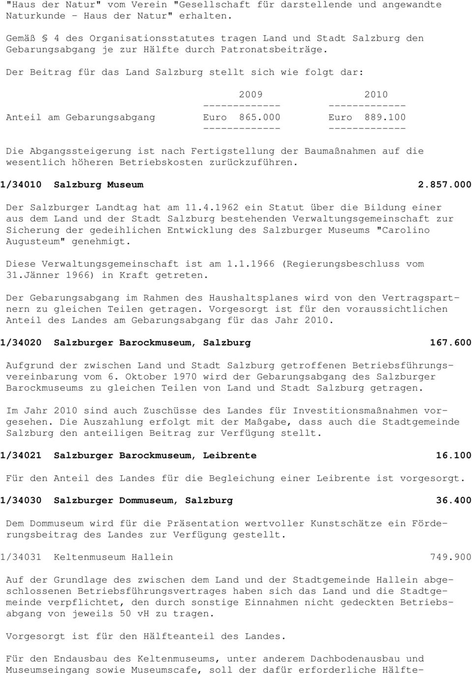 Der Beitrag für das Land Salzburg stellt sich wie folgt dar: 2009 2010 ------------- ------------- Anteil am Gebarungsabgang Euro 865.000 Euro 889.