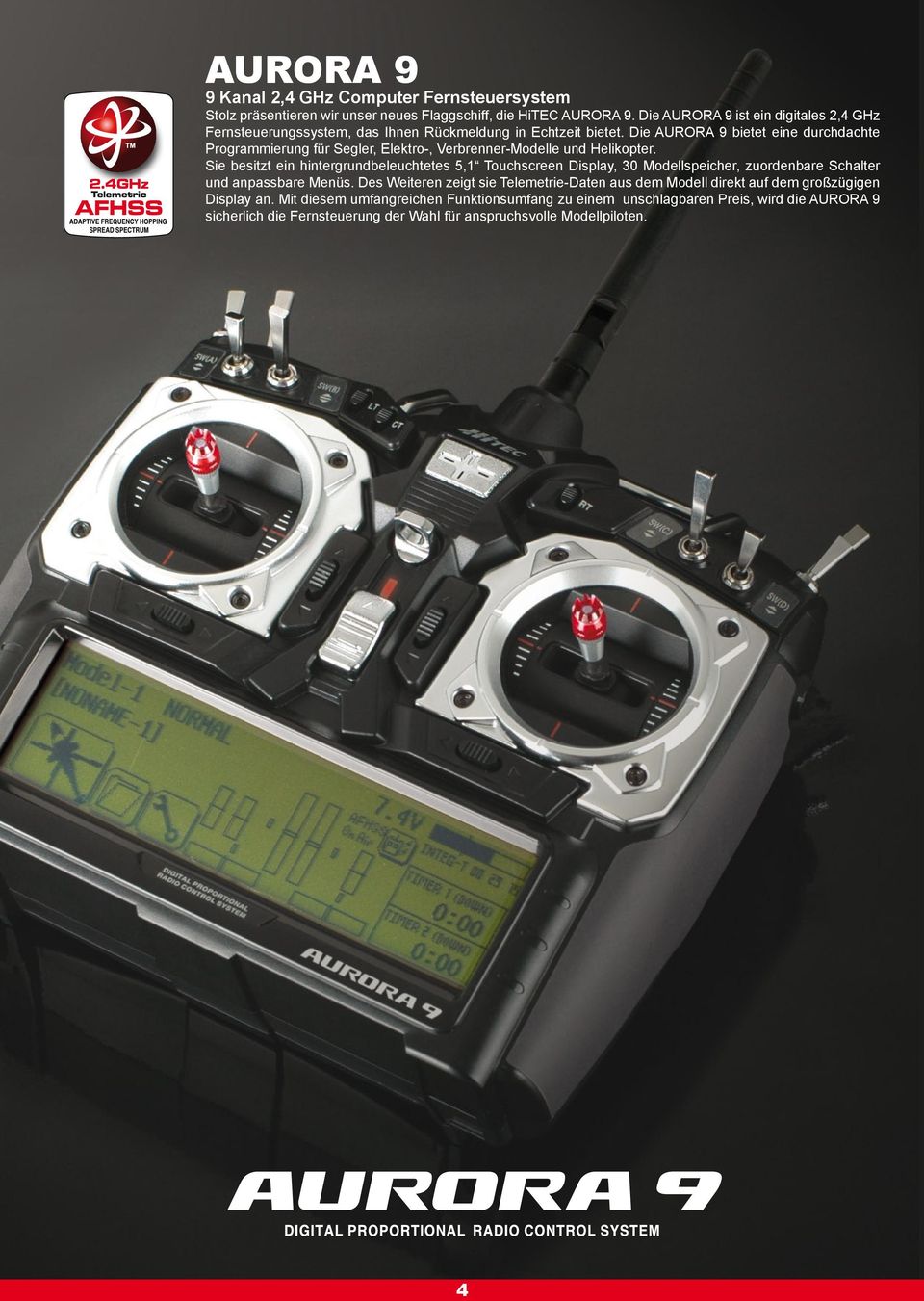 Die AURORA 9 bietet eine durchdachte Programmierung für Segler, Elektro-, Verbrenner-Modelle und Helikopter.