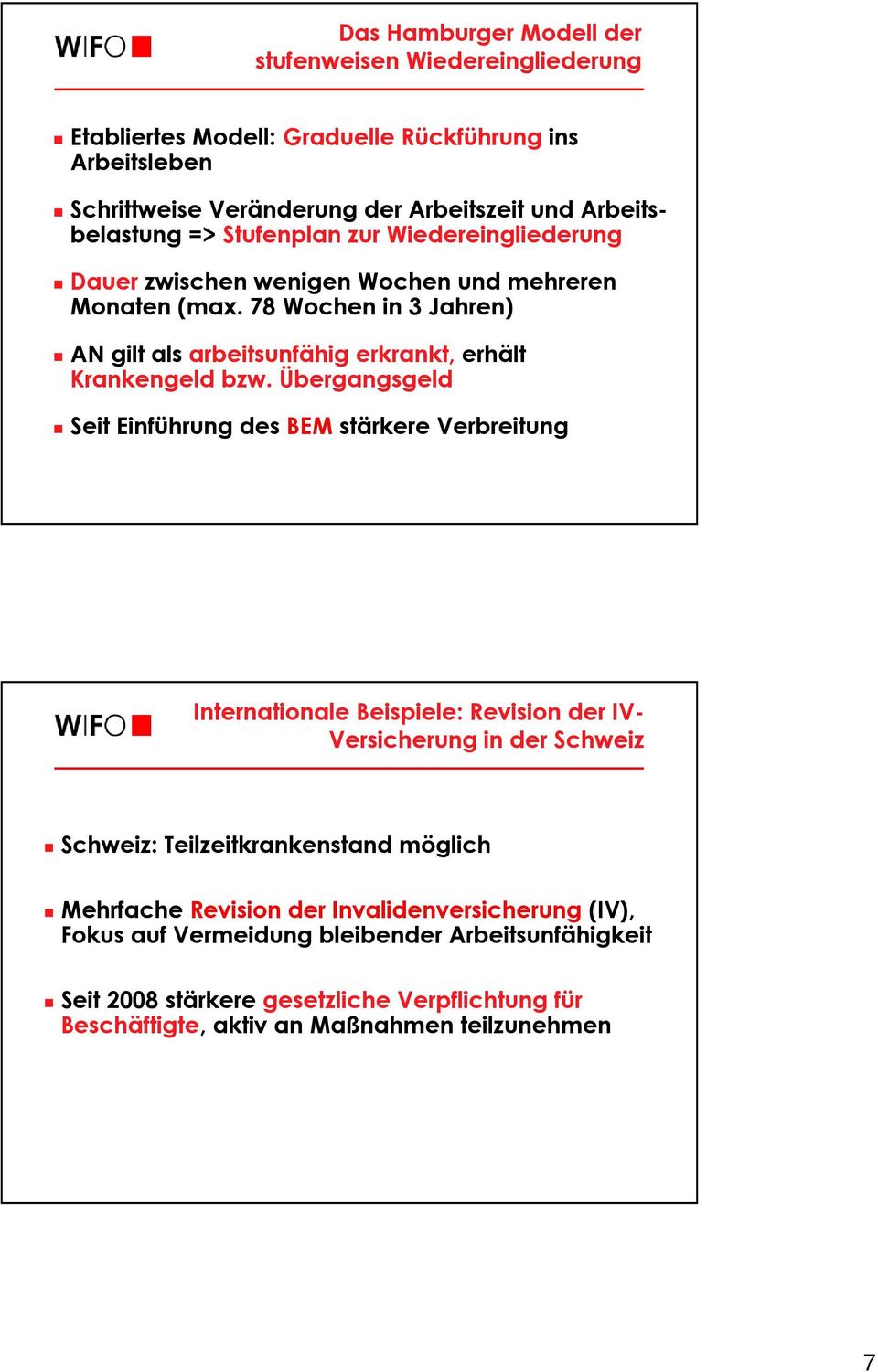 Übergangsgeld Seit Einführung des BEM stärkere Verbreitung Internationale Beispiele: Revision der IV- Versicherung in der Schweiz Schweiz: Teilzeitkrankenstand möglich Mehrfache