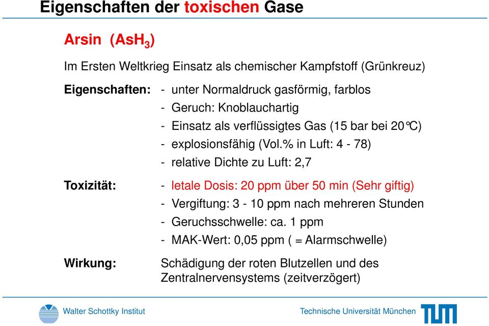 (Vol.% in Luft: 4-78) - relative Dichte zu Luft: 2,7 - letale Dosis: 20 ppm über 50 min (Sehr giftig) - Vergiftung: 3-10 ppm nach mehreren