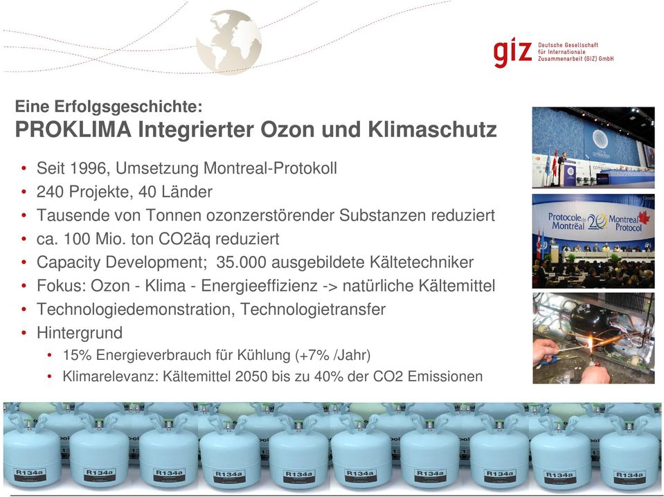 000 ausgebildete Kältetechniker Fokus: Ozon - Klima - Energieeffizienz -> natürliche Kältemittel Technologiedemonstration,