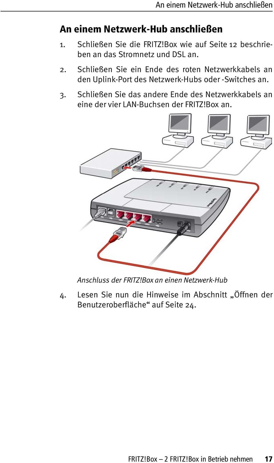 Schließen Sie ein Ende des roten Netzwerkkabels an den Uplink-Port des Netzwerk-Hubs oder -Switches an. 3.