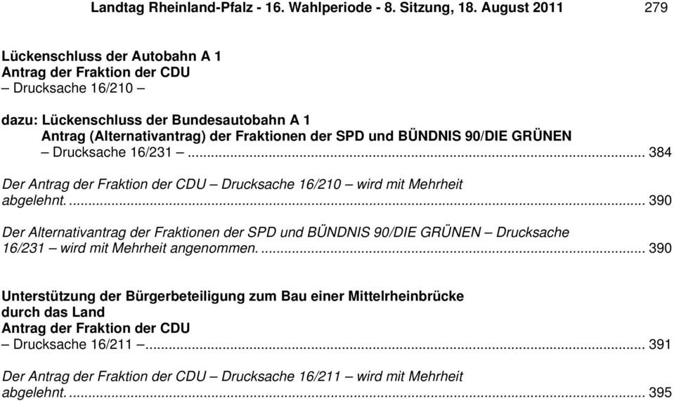 SPD und BÜNDNIS 90/DIE GRÜNEN Drucksache 16/231... 384 Der Antrag der Fraktion der CDU Drucksache 16/210 wird mit Mehrheit abgelehnt.