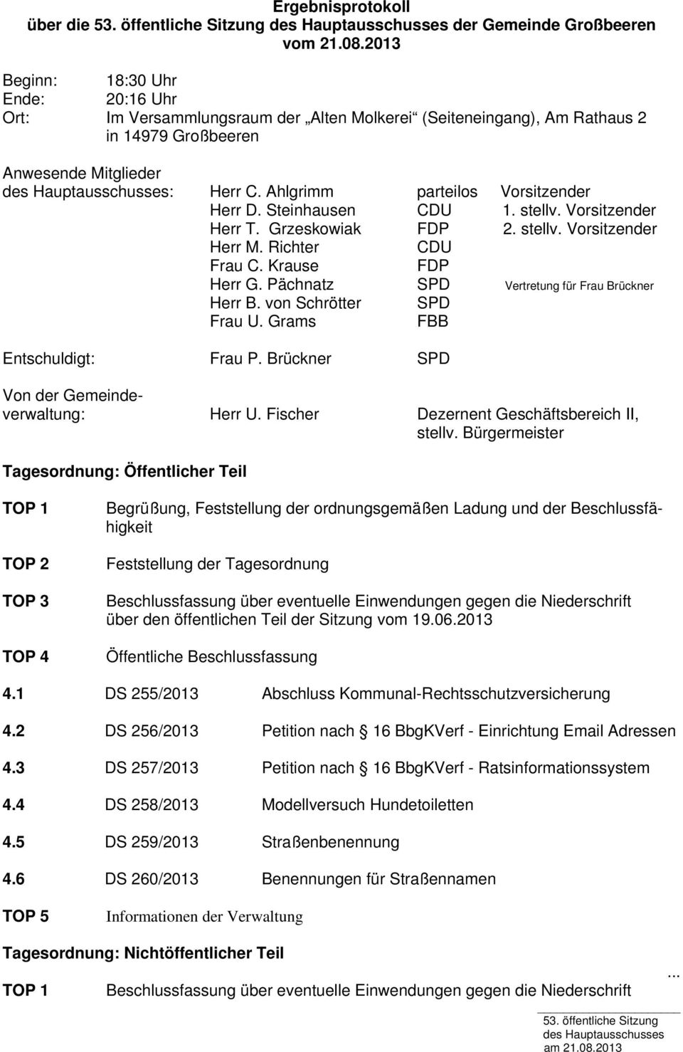 Ahlgrimm parteilos Vorsitzender Herr D. Steinhausen CDU 1. stellv. Vorsitzender Herr T. Grzeskowiak FDP 2. stellv. Vorsitzender Herr M. Richter CDU Frau C. Krause FDP Herr G.