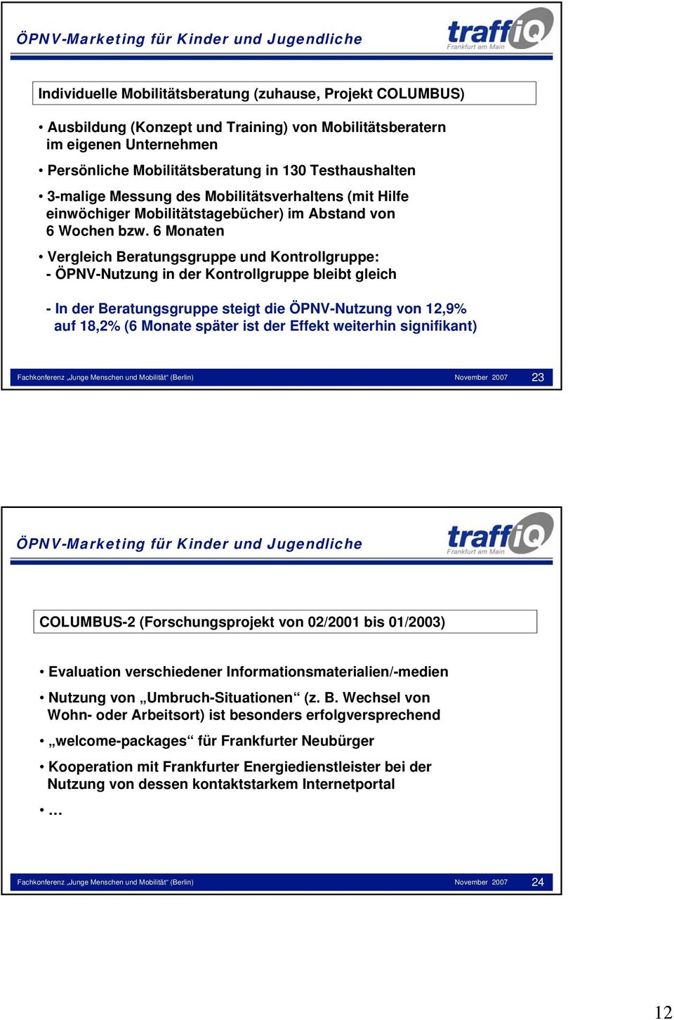 6 Monaten Vergleich Beratungsgruppe und Kontrollgruppe: - ÖPNV-Nutzung in der Kontrollgruppe bleibt gleich - In der Beratungsgruppe steigt die ÖPNV-Nutzung von 12,9% auf 18,2% (6 Monate später ist