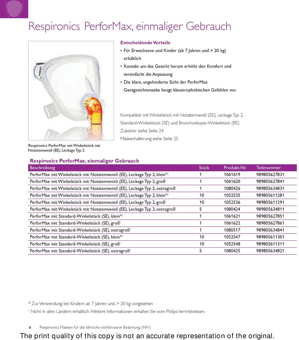 Respironics PerforMax mit Winkelstück mit Notatemventil (EE), Leckage Typ 2 Kompatibel mit Winkelstück mit Notatemventil (EE), Leckage Typ 2, Standard-Winkelstück (SE) und Bronchoskopie-Winkelstück