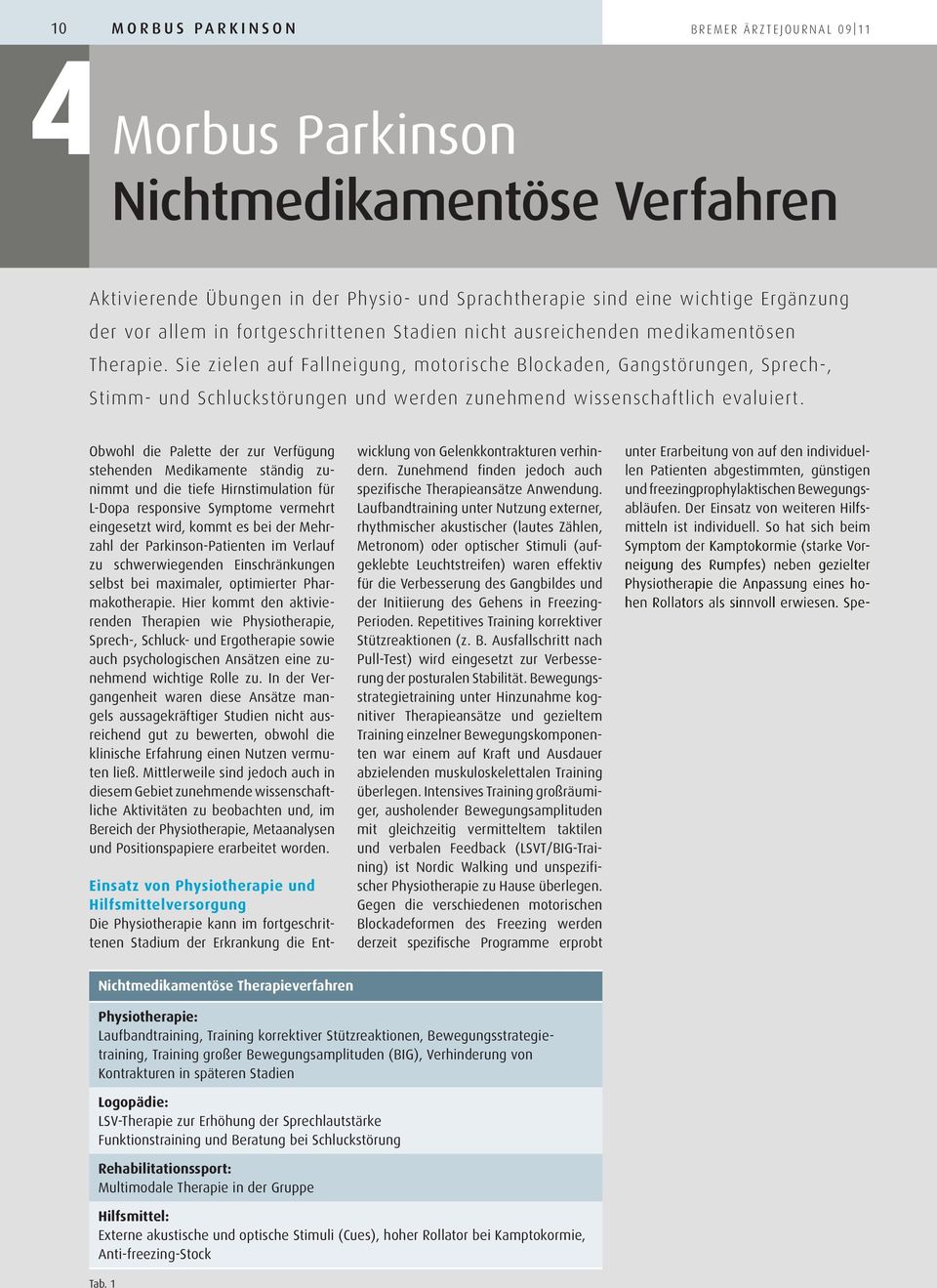 Sie zielen auf Fallneigung, motorische Blockaden, Gangstörungen, Sprech-, Stimm- und Schluckstörungen und werden zunehmend wissenschaftlich evaluiert.