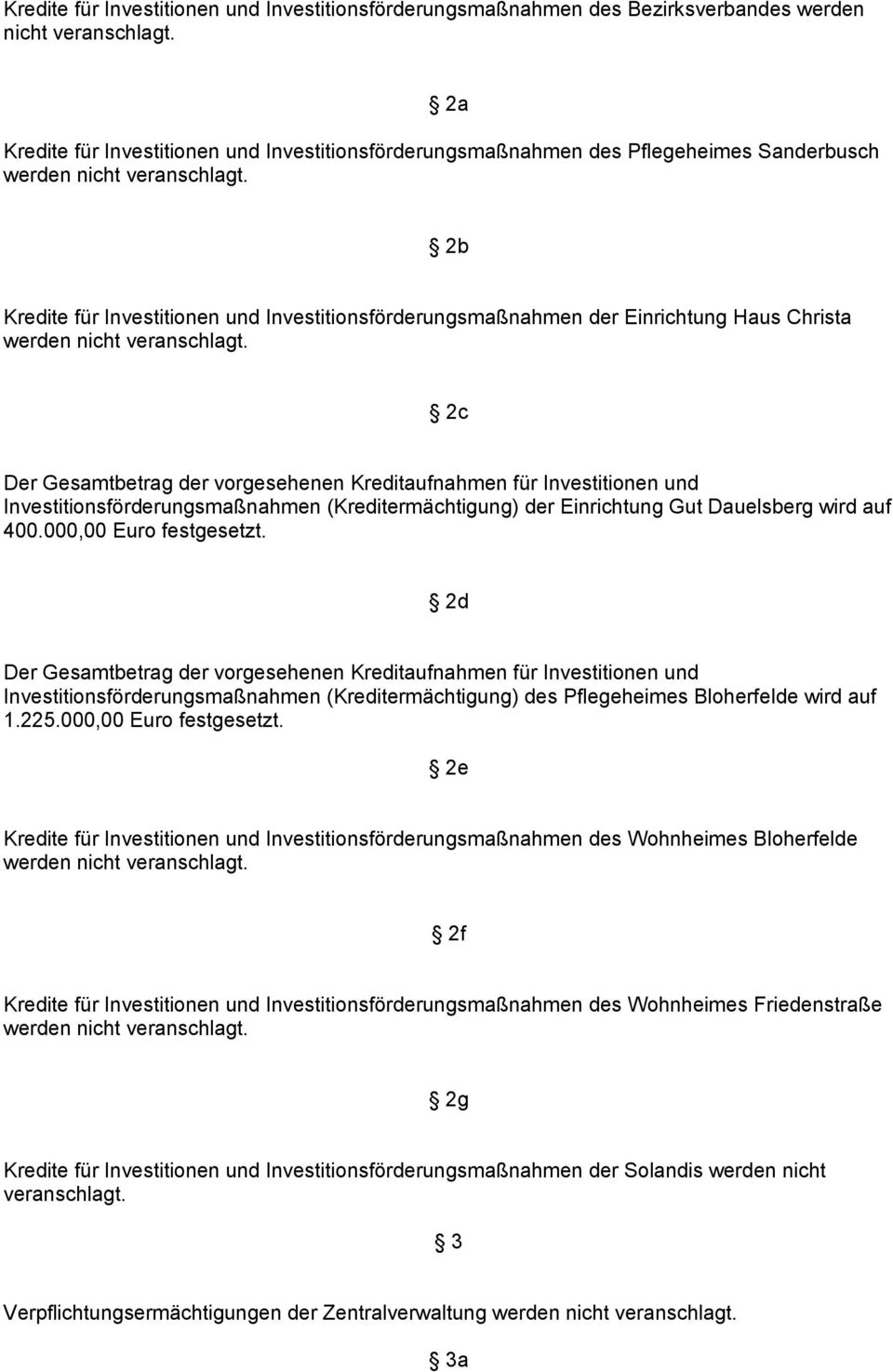 Gesamtbetrag der vorgesehenen Kreditaufnahmen für Investitionen und Investitionsförderungsmaßnahmen (Kreditermächtigung) der Einrichtung Gut Dauelsberg wird auf 400.