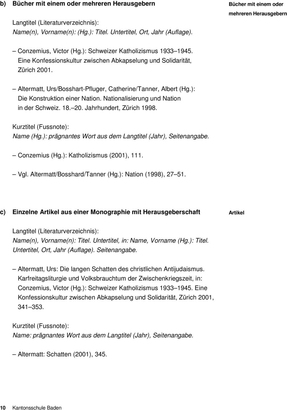 Altermatt, Urs/Bosshart-Pfluger, Catherine/Tanner, Albert (Hg.): Die Konstruktion einer Nation. Nationalisierung und Nation in der Schweiz. 18. 20. Jahrhundert, Zürich 1998.