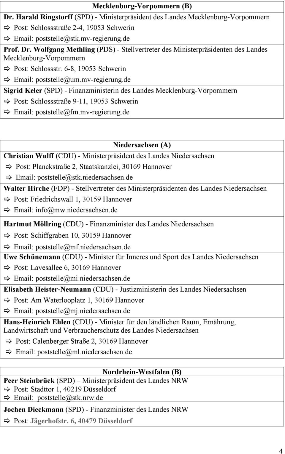 Email: poststelle@fm.mv-regierung.de Niedersachsen (A) Christian Wulff (CDU) - Ministerpräsident des Landes Niedersachsen! Post: Planckstraße 2, Staatskanzlei, 30169 Hannover! Email: poststelle@stk.