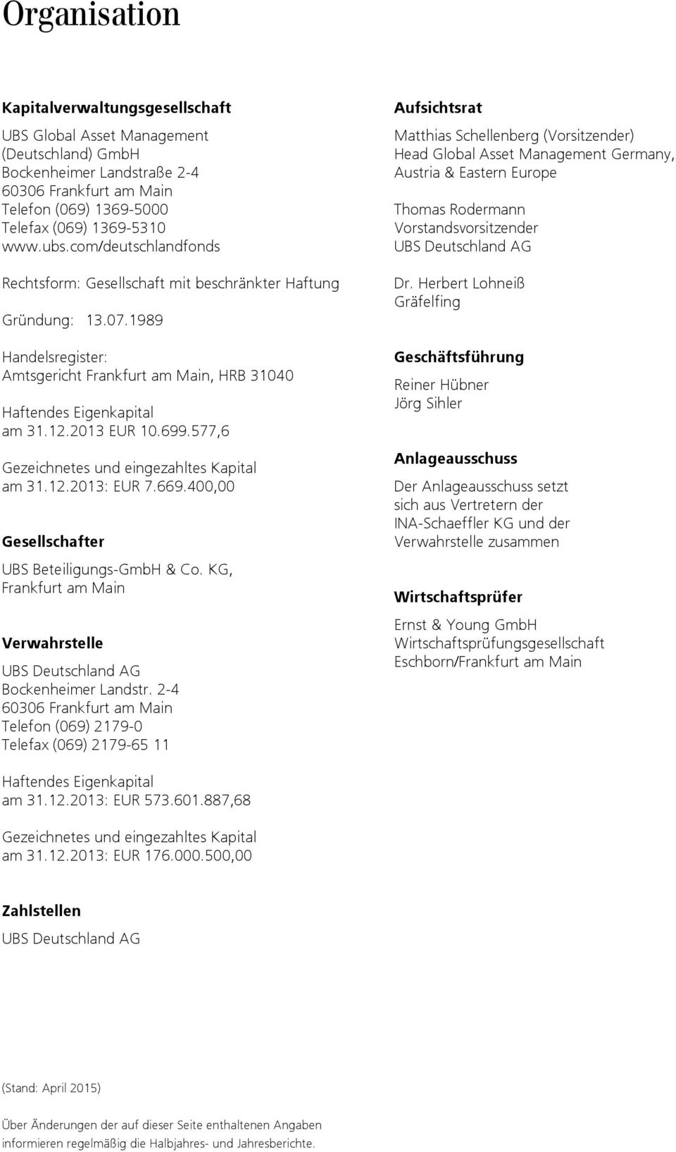 577,6 Gezeichnetes und eingezahltes Kapital am 31.12.2013: EUR 7.669.400,00 Gesellschafter UBS Beteiligungs-GmbH & Co. KG, Frankfurt am Main Verwahrstelle UBS Deutschland AG Bockenheimer Landstr.