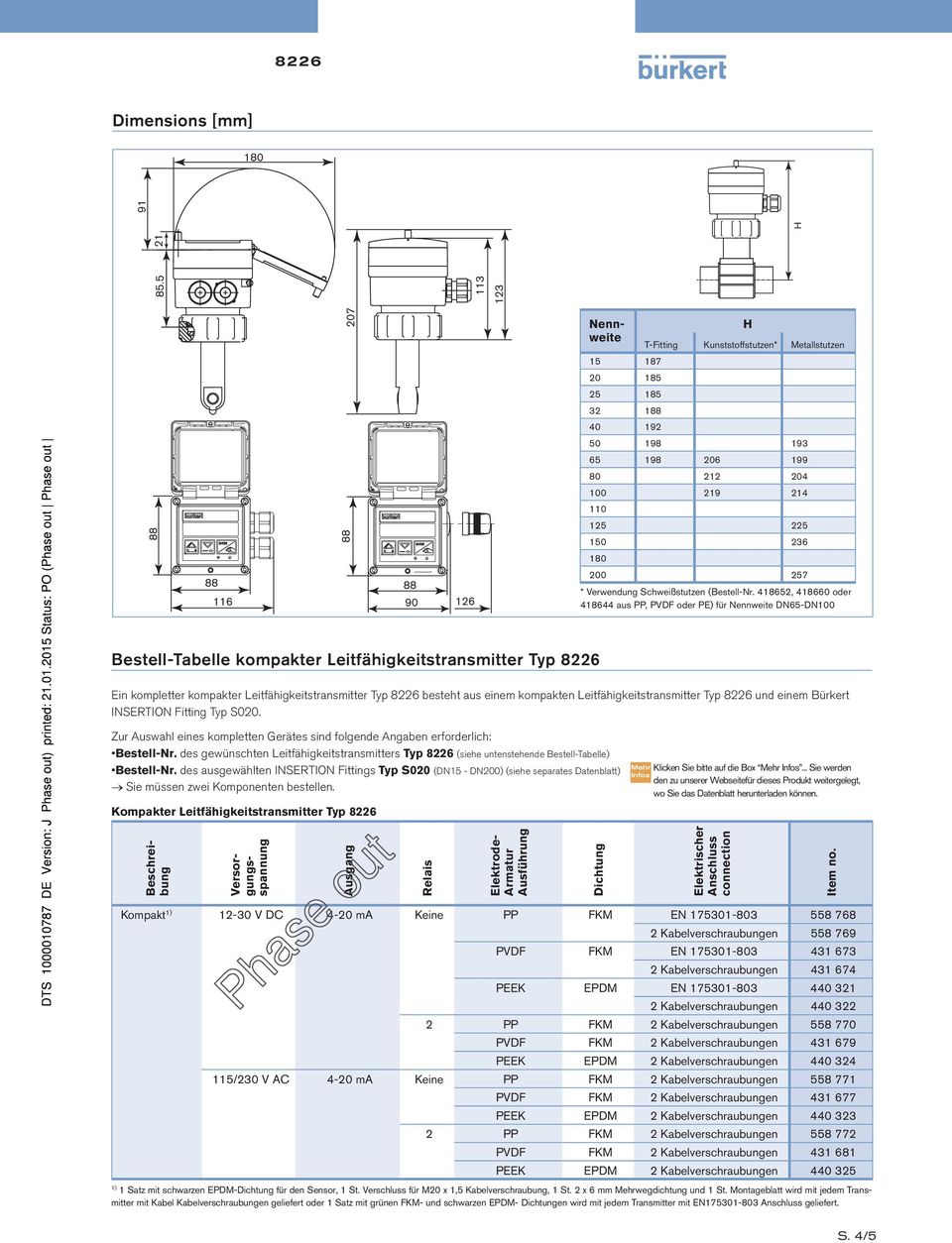 418652, 418660 oder 418644 aus PP, PVDF oder PE) für Nennweite DN65-DN100 Bestell-Tabelle kompakter Leitfähigkeitstransmitter Typ 8226 Ein kompletter kompakter Leitfähigkeitstransmitter Typ 8226
