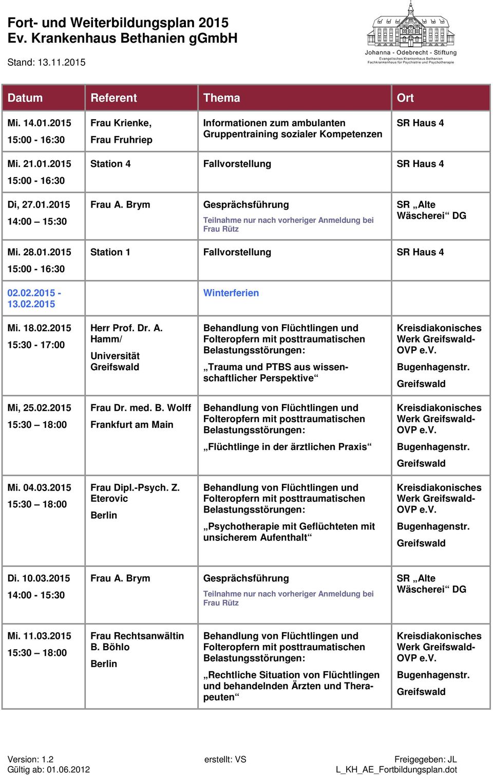 Hamm/ Universität Trauma und PTBS aus wissenschaftlicher Perspektive Werk - Mi, 25.02.2015 Frau Dr. med. B. Wolff Frankfurt am Main Werk - Flüchtlinge in der ärztlichen Praxis Mi.