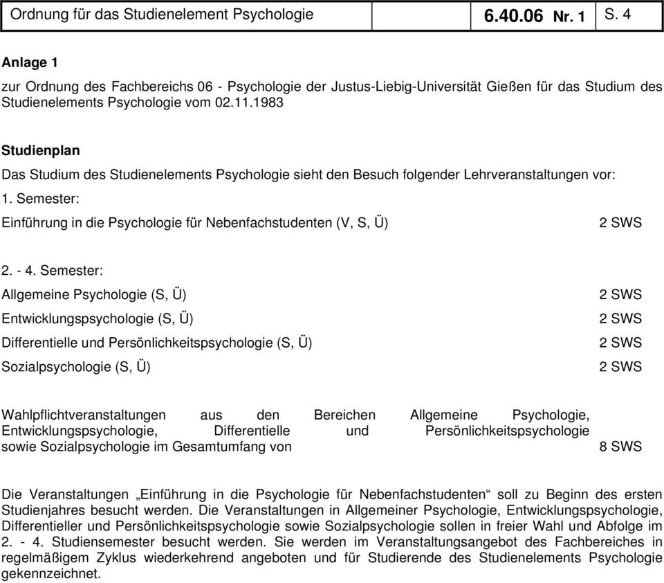 1983 Studienplan Das Studium des Studienelements Psychologie sieht den Besuch folgender Lehrveranstaltungen vor: 1. Semester: Einführung in die Psychologie für Nebenfachstudenten (V, S, Ü) 2. - 4.