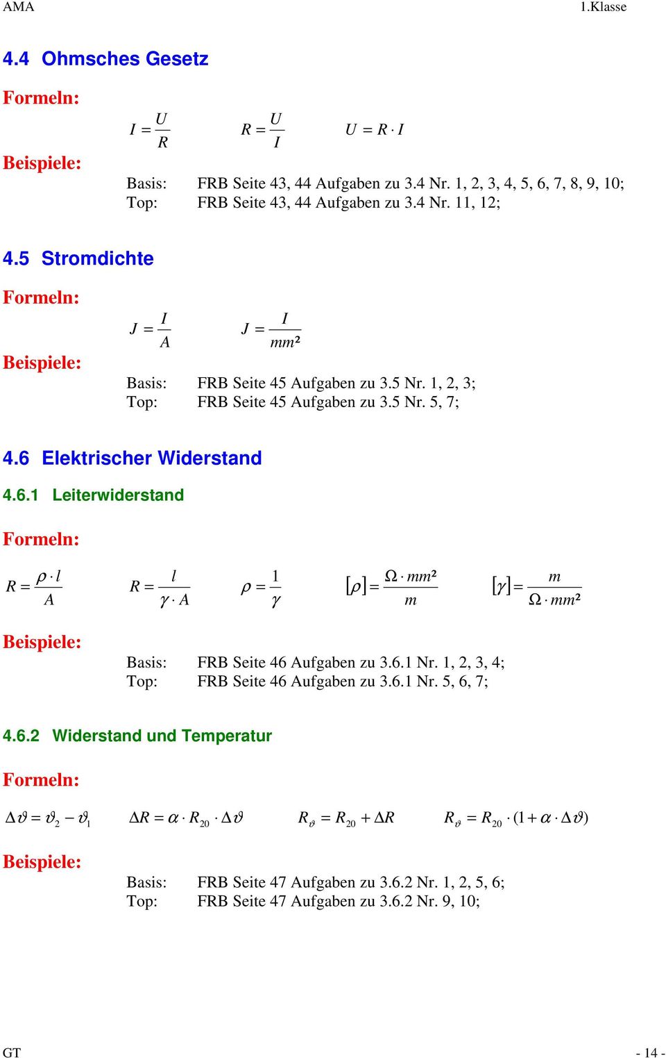 Elektrischer Widerstand 4.6. Leiterwiderstand Formeln: l R ρ l R ρ A γ A γ Ω mm² m [ ρ ] [ γ ] m Ω mm² Basis: FRB Seite 46 Aufgaben zu.6. Nr.