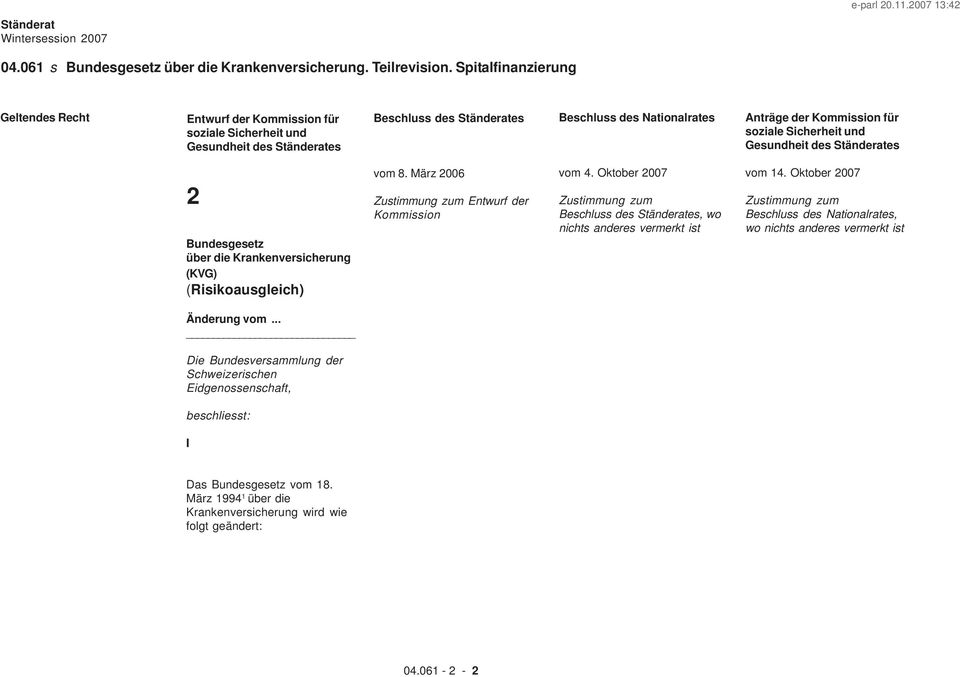 soziale Sicherheit und Gesundheit des Ständerates Bundesgesetz über die Krankenversicherung (KVG) (Risikoausgleich) vom 8. März 006 Zustimmung zum Entwurf der Kommission vom 4.