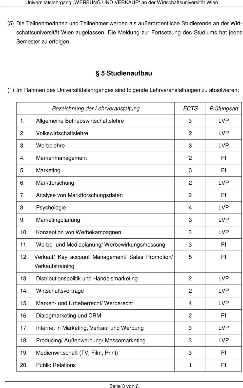 Allgemeine Betriebswirtschaftslehre 3 LVP 2. Volkswirtschaftslehre 2 LVP 3. Werbelehre 3 LVP 4. Markenmanagement 2 PI 5. Marketing 3 PI 6. Marktforschung 2 LVP 7.